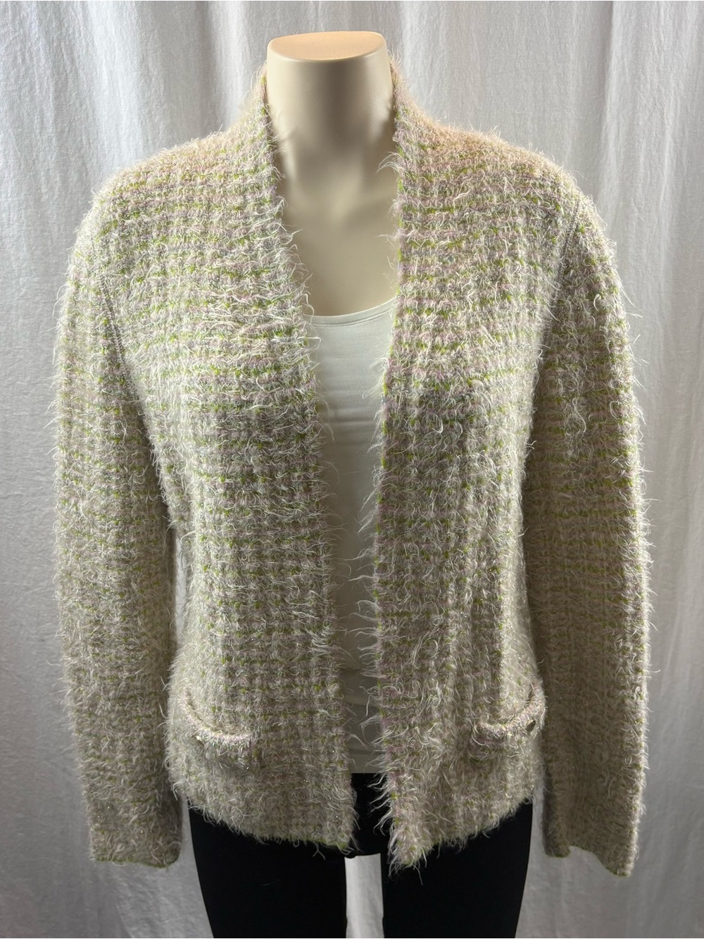 Marc Cain Fuzzy Knit Open Cardigan in Cream with Subtle Green and Pink Flecks S